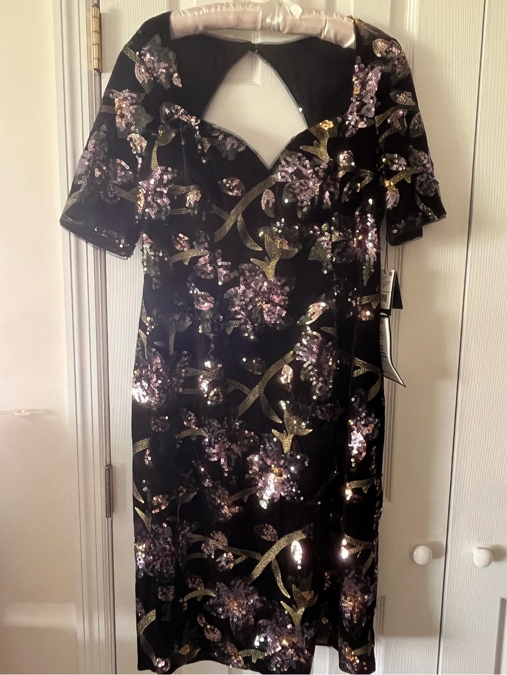 NWT Adrianna Papell Black Velvet Sequin Floral Sweetheart Sheath Dress Sz 14